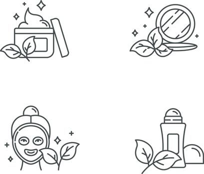 Organic cosmetics linear icons set. Face cream. Pressed makeup powder. Facial mask. Deodorant. Eco beauty products. Thin line contour symbols. Isolated vector outline illustrations. Editable stroke