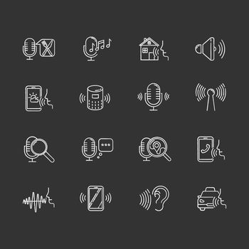 Voice control chalk icons set. Sound request idea. Speech recognition process. Microphone using modes, recording equipment. Remote controlled apps. Isolated vector chalkboard illustrations