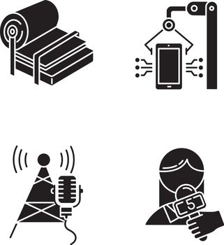 Industry types glyph icons set. Pulp and paper production. Electronics facility. Broadcasting tower. News and media. Person with microphone. Silhouette symbols. Vector isolated illustration