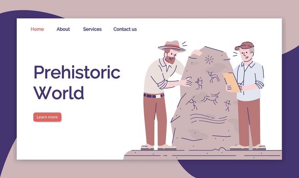 Prehistoric world landing page vector template. Ancient history website interface idea with flat illustrations. Archeological expedition homepage layout. Web banner, webpage cartoon concept