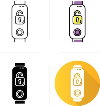 Fitness tracker with open padlock icons set. Linear, black and color styles. Wearable wellness device with remote unlocking function. Device with security control option. Isolated vector illustrations