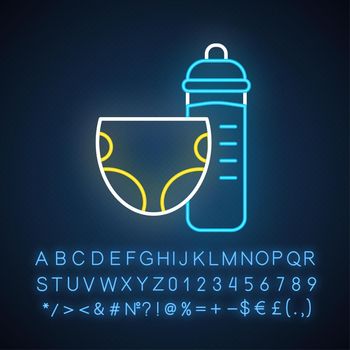 Toddler room neon light icon. Nursery. Nappy, baby bottle. Children care zone. Childcare place. Apartment amenities. Glowing sign with alphabet, numbers and symbols. Vector isolated illustration