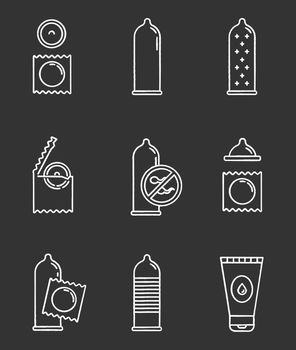 Safe sex chalk icons set. Male contraceptive products. Female condoms. Water-based lubricant. Unplanned pregnancy prevention. Birth control. AIDs protection. Isolated vector chalkboard illustrations