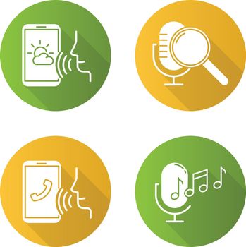 Sound request flat design long shadow glyph icons set. Voice control system idea. Speech recognition technology. Voice controlled apps. Microphones, speakers. Vector silhouette illustration