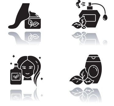 Organic cosmetics drop shadow black glyph icons set. Foot cream, lotion. Perfume, fragrance. Shower gel, body wash. Natural skincare items. Eco bodycare products. Isolated vector illustrations