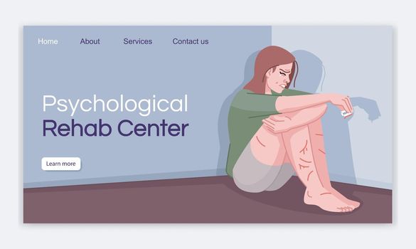 Psychological rehab center landing page vector template. Self harm addiction website interface idea with flat illustrations. Pain obsession homepage layout. Web banner, webpage cartoon concept