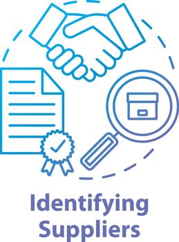 Identifying supplies concept icon. Trade agreement. Make deal. Partnership. Contract for delivery raw materials and goods idea thin line illustration. Vector isolated outline drawing