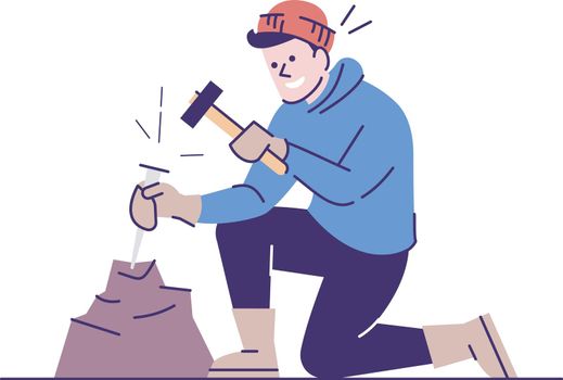 Man working with chisel and hammer flat vector illustration. Archeological excavations. Geological survey. Young caucasian researcher breaking stone cartoon character with outline on white background