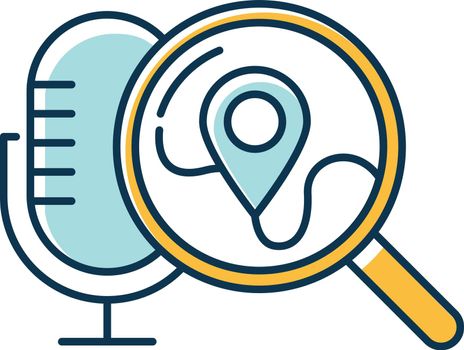 Blue geolocation voice request color icon. Location search idea. Sound control, microphone command, magnifying glass. Smart assistant, innovative technology. Isolated vector illustration