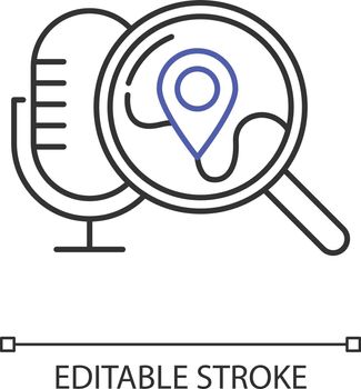 Geolocation voice request linear icon. Location search. Sound control, microphone command, magnifying glass. Thin line illustration. Contour symbol. Vector isolated outline drawing. Editable stroke