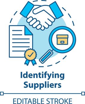 Identifying supplies concept icon. Trade agreement. Make deal. Partnership. Contract for delivery raw materials and goods idea thin line illustration. Vector isolated outline drawing. Editable stroke