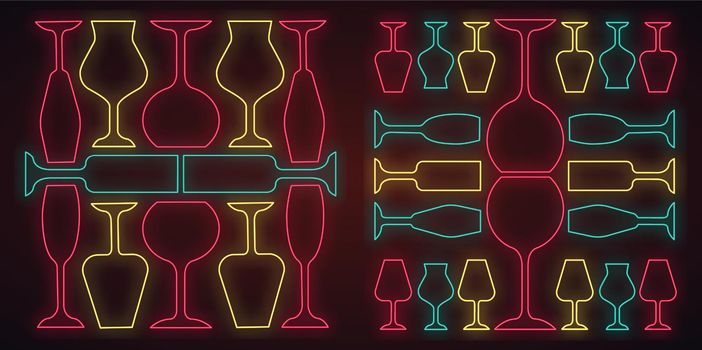 Wineglasses neon light icons set. Restaurant service. Alcohol bar. Port and madeira glasses. Alcoholic beverages glassware. Glowing signs. Vector isolated illustrations