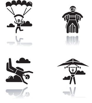 Air extreme sports drop shadow black glyph icons set. Hang gliding, skydiving, wing suiting and paragliding. Outdoor activities. Adrenaline entertainment and risky recreation. Isolated illustrations