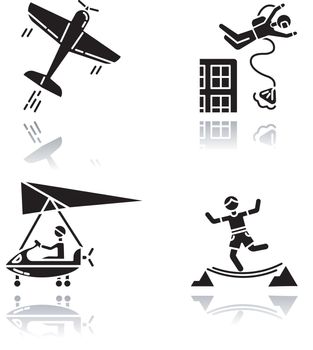 Air extreme sports drop shadow black glyph icons set. Aerobatics, base jumping, micro lighting and highlining. Outdoor activities. Adrenaline entertainment. Isolated vector illustrations