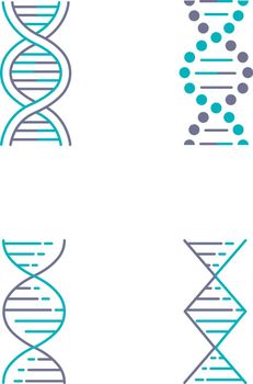 DNA spiral strands violet and turquoise color icons set. Deoxyribonucleic, nucleic acid helix. Chromosome. Molecular biology. Genetic code. Genome. Genetics. Medicine. Isolated vector illustrations