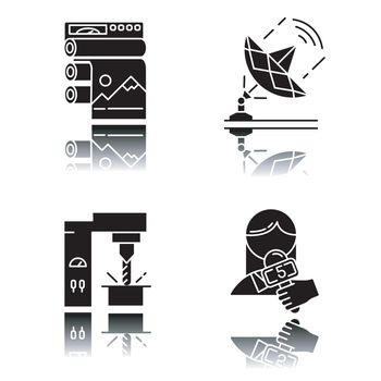 Industry types drop shadow black glyph icons set. Professional publishing equipment. Telecommunication and broadcasting. News and media. Steel production. Isolated vector illustrations