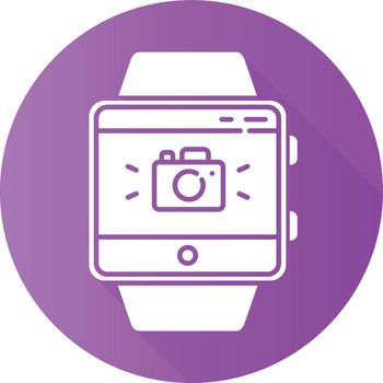 Camera fitness wristband function purple flat design long shadow glyph icon. Remote capture features. Synchronization with smartphone camera for taking photos Vector silhouette illustration