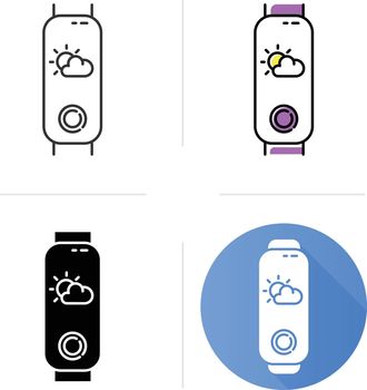 Fitness device with weather forecast function icons set. Portable active lifestyle gadget with meteorology indicator on display. Linear, black and color styles. Isolated vector illustrations