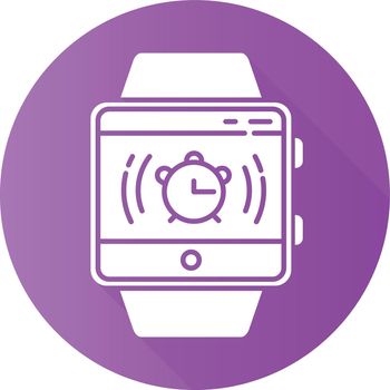 Alarm clock smartwatch function purple flat design long shadow glyph icon. Awaken from night sleep and short naps with sound and vibration. Fitness wristband. Vector silhouette illustration