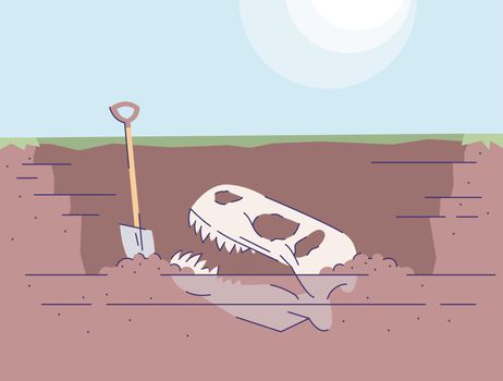 Dinosaur skull excavation flat vector illustration. Prehistoric animals researching. Paleontological expedition. Bones of extinct animal in ground, shovel. Skeleton and spade cartoon backdrop
