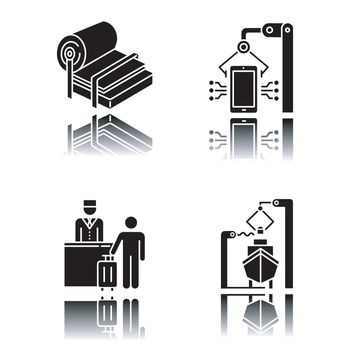 Industry types drop shadow black glyph icons set. Pulp and paper production. Electronics facility. Hospitality industry. Tourism. Shipbuilding. Dockyard, seaport. Isolated vector illustrations