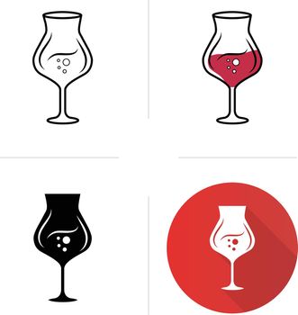 Madeira wineglass icons set. Alcohol beverage with bubbles. Party cocktail. Sweet aperitif drink. Tableware, glassware. Flat design, linear, black and color styles. Isolated vector illustrations