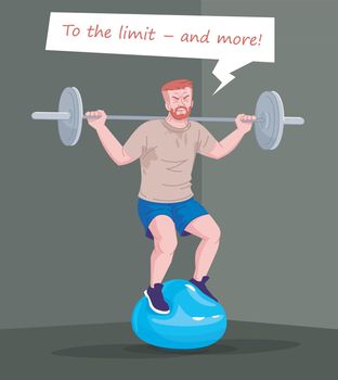 Workout dependence flat vector illustration. Physical training addiction. Unstoppable gym addict exercising, obsessed weightlifter, tireless strongman with weights cartoon character