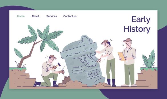 Early history landing page vector template. Study of lost civilizations website interface idea with flat illustrations. Mayan and Aztec legacy homepage layout. Web banner, webpage cartoon concept