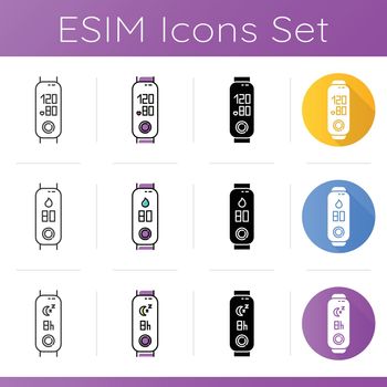 Fitness tracker health monitoring icons set. Linear, black and color styles. Wellness gadget with blood pressure and humidity indicators. Sleep time pictograms Isolated vector illustrations