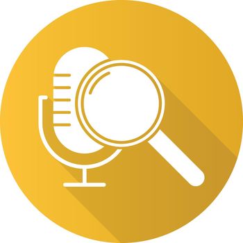 Yellow voice search command flat design long shadow glyph icon. Sound request idea. Microphone and magnifier. Sound recorder, music equipment. Multimedia tool. Vector silhouette illustration