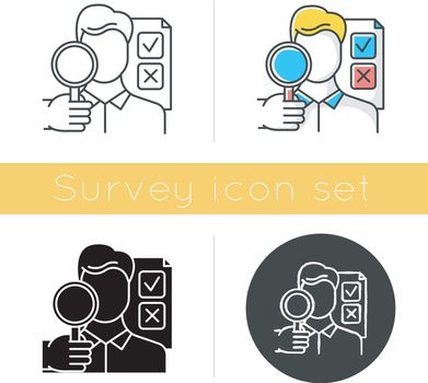 Survey interviewer icon. Face-to-face interview. Human-assisted poll. Public opinion polling. Expert survey. Feedback. Glyph design, linear, chalk and color styles. Isolated vector illustrations