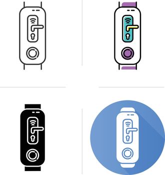 Fitness tracker with digital door lock function icons set. Wearable device with smart home control option. Door handle pictogram. Linear, black and color styles. Isolated vector illustrations