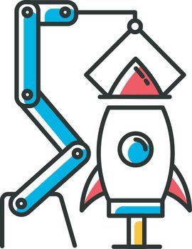 Aerospace industry blue color icon. Aviation sector. Aircraft manufacturing. Spacecraft construction and launch preparations. Rocket assembly. Missile building. Isolated vector illustration