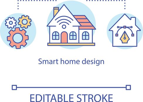 Smart home design concept icon. Development and configuration of wireless house automation. Domotic technology services idea thin line illustration. Vector isolated outline drawing. Editable stroke