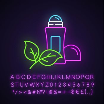Natural roll-on deodorant neon light icon. Hypoallergenic antiperspirant. Hygiene. Alluminium-free. Organic cosmetics. Glowing sign with alphabet, numbers and symbols. Vector isolated illustration