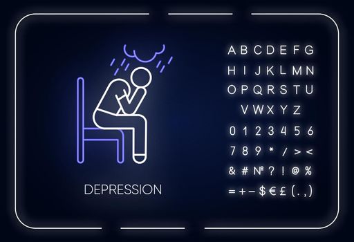 Depression neon light icon. Sad and worried man. Crying person. Chronic exhaustion and fatigue. Mental disorder. Glowing sign with alphabet, numbers and symbols. Vector isolated illustration