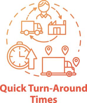 Quick turn around times concept icon. Delivery service. Freight transportation. Logistics. Transport of goods idea thin line illustration. Vector isolated outline drawing