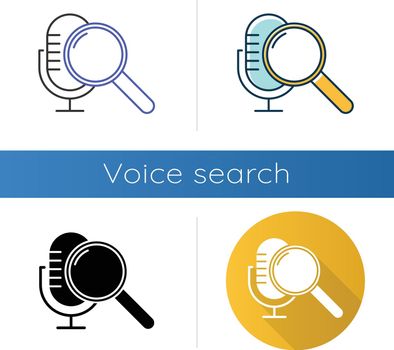 Voice search command icons set. Sound request idea. Microphone and magnifier. Sound recorder, music equipment. Magnifying glass. Linear, black and color styles. Isolated vector illustrations