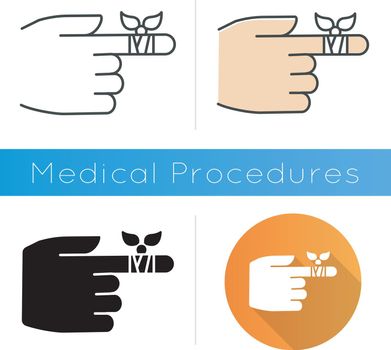 Bandaging icon. Hurt finger. Hand injury. Arm pain help. First aid. Medical procedure. Clinical treatment. Healthcare. Minor injury. Flat design, linear and color styles. Isolated vector illustrations