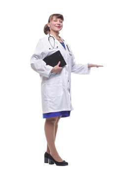 A smiling female doctor with a folder in uniform