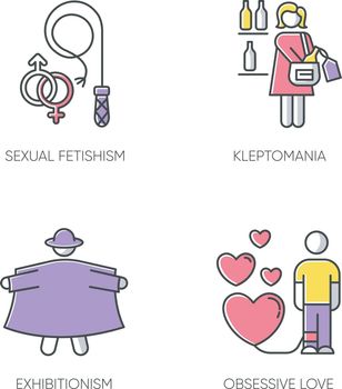 Mental disorder color icons set. Sexual fetishism. Kleptomania. Exhibitionism. Obsessive love. Steal alcohol. Possessive relationship. Perversion and deviation. Isolated vector illustrations