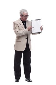 in full growth. Mature intelligent man with a clipboard.