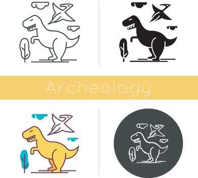 Dinosaurs icon. Prehistoric animals. Tyrannosaurus rex. Flying pterodactyl. Jurassic park. Ancient wildlife. Archeology and history. Flat design, linear and color styles. Isolated vector illustrations