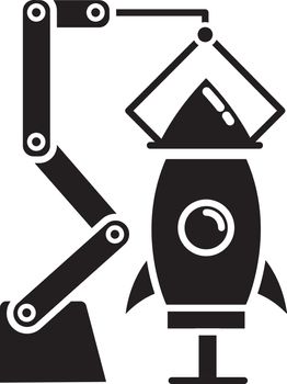 Aerospace industry glyph icon. Aviation sector. Aircraft manufacturing. Spacecraft construction. Rocket assembly. Missile building. Silhouette symbol. Negative space. Vector isolated illustration
