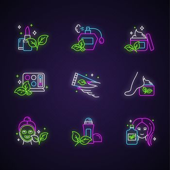 Organic cosmetics neon light icons set. Lipstick. Perfume, fragrance. Skincare cream. Eyeshadow kit. Facial mask. Shampoo. Deodorant. Natural products. Glowing signs. Vector isolated illustrations