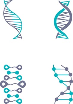 DNA strands violet and turquoise color icons set. Deoxyribonucleic, nucleic acid helix. Spiraling strands. Chromosome. Molecular biology. Genetic code. Genome. Genetics. Isolated vector illustrations