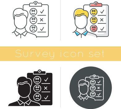 Personal interview icon. Survey questionnaire form. Customer service rating. Employee satisfaction. Emotional opinion. Glyph design, linear, chalk and color styles. Isolated vector illustrations