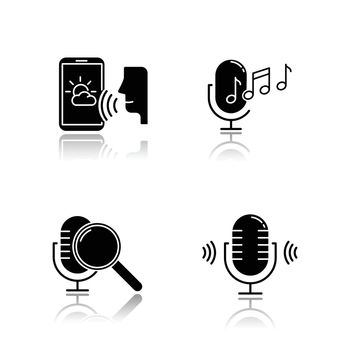 Sound request drop shadow black glyph icons set. Voice control system. Speech recognition technology. Voice controlled apps. Microphones, speakers, forecast app. Isolated vector illustrations