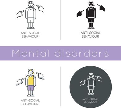 Anti-social behaviour icon. Harassment and bullying. Teenager depression. Agressive public. Anxiety and loneliness. Mental disorder. Flat design, linear and color styles. Isolated vector illustrations