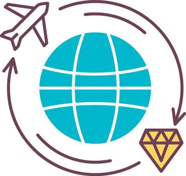 Treasure hunt color icon. Worldwide search for ancient artifacts. Discover jewels. Travel to explore. Crystal location. Acquiaring diamond. Flight on plane. Repatriation. Isolated vector illustration